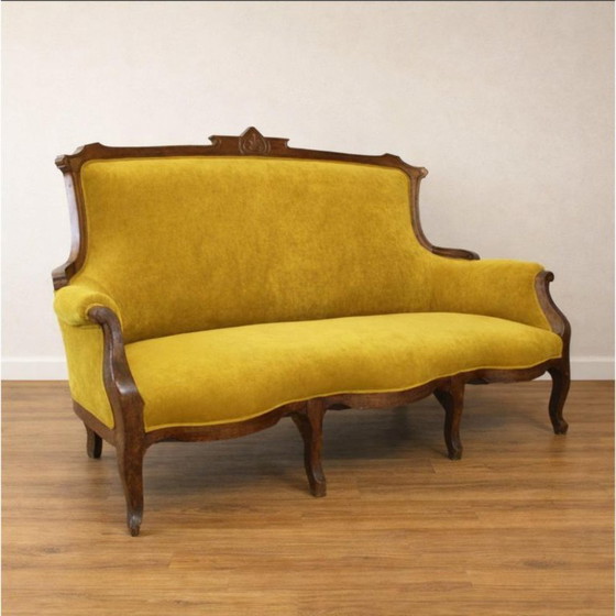 Image 1 of Sofa im Jugendstil aus Walnussholz und senffarbenem Samt