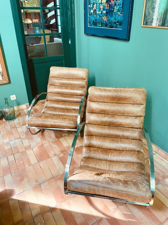 Image 1 of Vintage design rocking chair in the style of Hans Kaufeld, 1970s, leather and chrome, Bauhaus inspired.