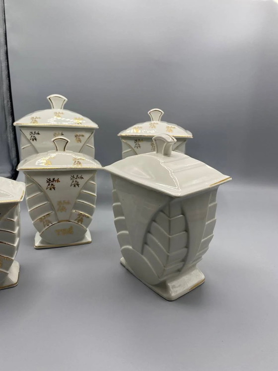 5 Art Deco Faience Spice Jars, Flour Sugar Coffee Tea Pepper, Gilded Decoration – Crockery (photo 4 of 6)