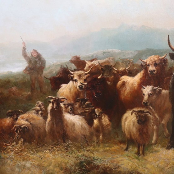 Image 1 of Large Oil Painting on Canvas, Herd of Cattle, Signed Watson W. 19th Century