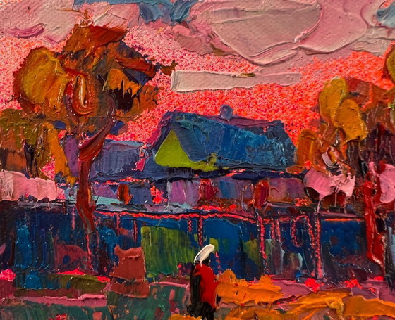 Original-Ölgemälde Ländliche Sonnenuntergangslandschaft Rosa Dorf Abend – Gemälde & Zeichnungen, Canvas (photo 7 of 8)