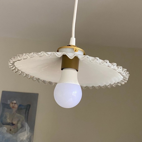 Image 1 of Vintage Pendant Light with White Opaline Glass Shade and Transparent Wavy Edge