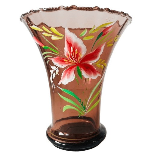 Jarrón Art Déco de cristal rosa con flores pintadas a mano, años 30