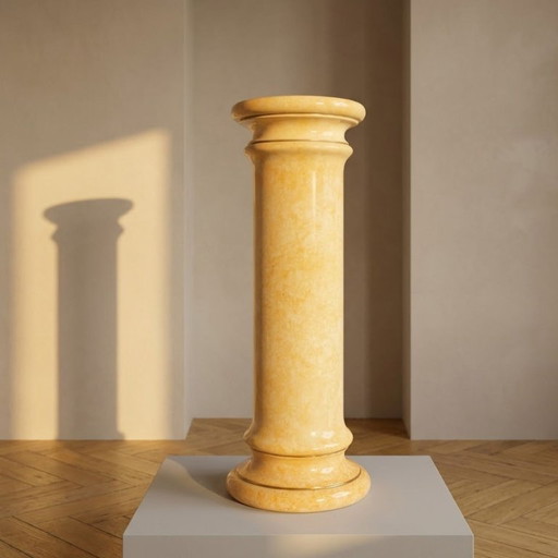 Colonna con piedistallo in ceramica smaltata vintage, supporto espositivo effetto onice marmorizzato e marmo, XX secolo.