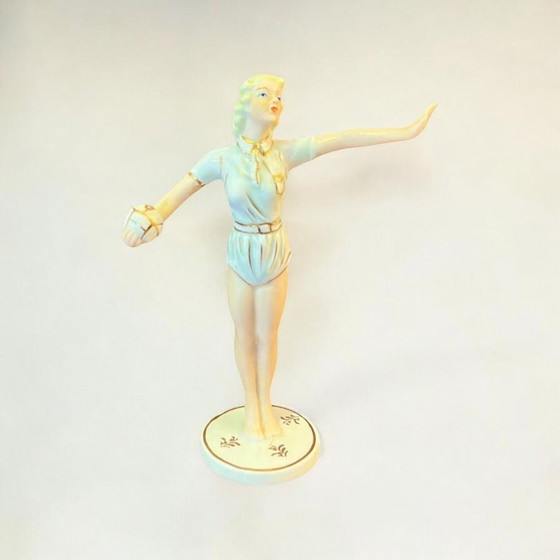 Image 1 of Art Deco porcelain figurine, Neuendorf decorative porcelain &quot;Girl with Ball&quot; aka &quot;Volleyball Player,&quot; circa 