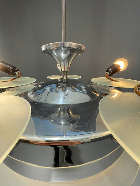 Image 1 of 1930s Art Deco Chrome Chandelier with Frosted Glass Disc Shades – Czech Vintage Lighting