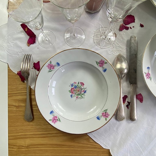 Set of 6 antique Sarreguemines earthenware soup plates, Cibon Nice pattern, flowers and gilding