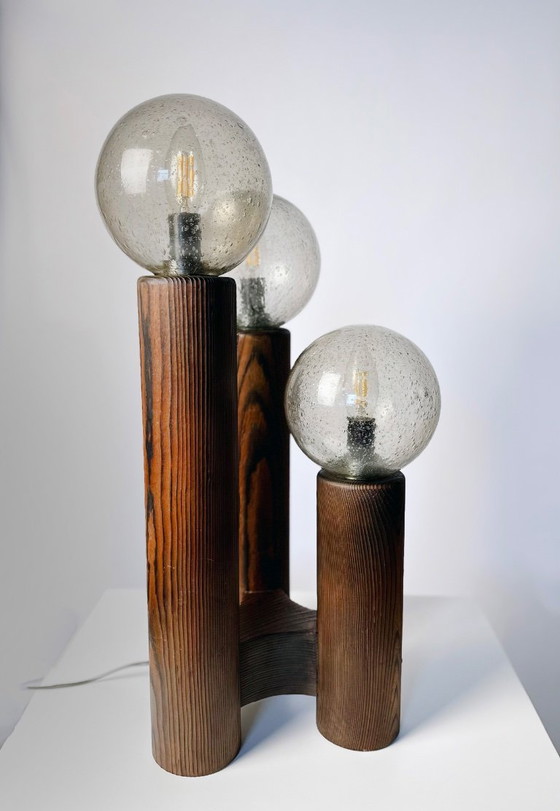 Image 1 of Vintage 'Model 19' Temde Leuchten tafellamp in hout en handgeblazen glas