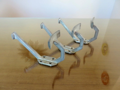 Set of 3 coat racks, wall hooks, in aluminium, industrial style, bistro style, France, 1930s-40s