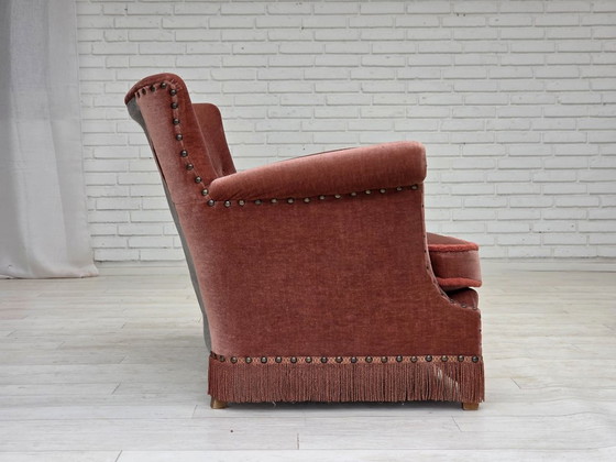 Image 1 of 1970s, Danish 2-seater sofa, original salmon pink furniture velour, beech wood.