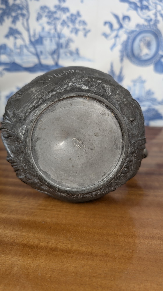 Image 1 of Art Nouveau pewter pitcher with woman and putti design signed Henri Huppé late 19th century