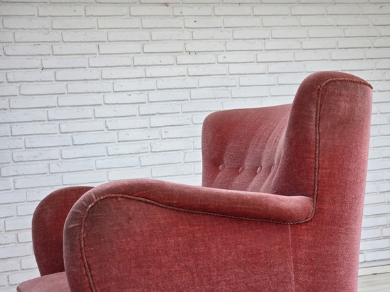 Image 1 of 1970s, Danish armchair, salmon pink furniture velour, oak wood.