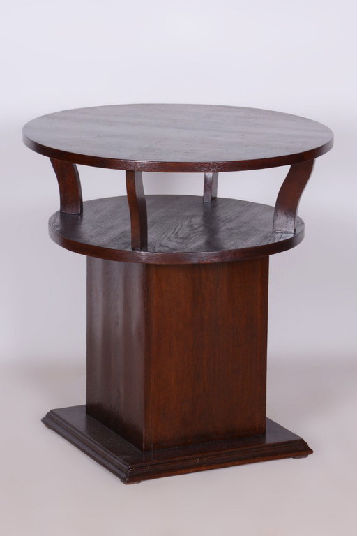 Restored Art Deco Round Small Table, Oak, Veneer, Czech, 1920s – bijzettafels, Wood
