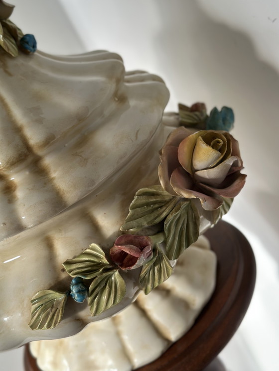 Image 1 of Vintage Baroque-Style Ceramic Lidded Bowl with Hand-Applied Flowers