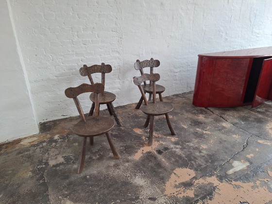 Sert of 4 Brutalist French Hand-Carved Dining Chairs After Alexandre Noll, 1950s – Wood (photo 3 of 8)