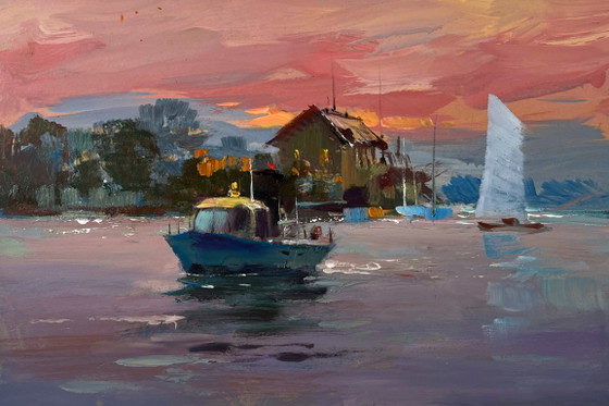 Image 1 of Peinture à l'huile originale, paysage de village au crépuscule, bateau sous les fenêtres de la mer