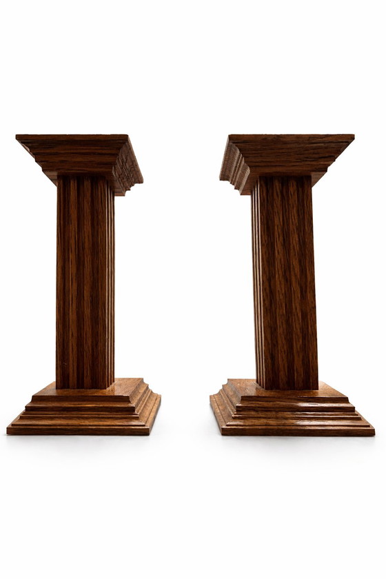 Image 1 of Pair of Dutch Solid Oak Candlesticks by Oisterwijk – Mid-Century Vintage