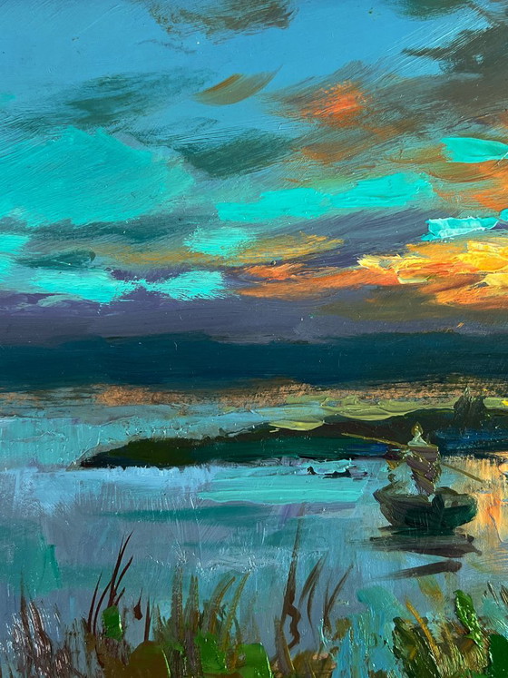 Impressionistisches Landschafts-Ölgemälde mit Boot und Sonnenuntergangsfischen, Gemälde & Zeichnungen, Holz (Foto 5 von 11)