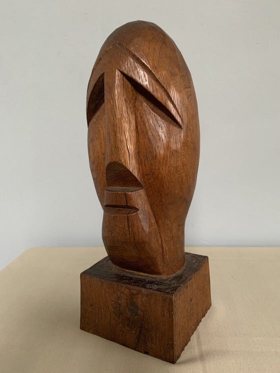 Image 1 of Brutalist Houtsnijwerk Kop Buste Sculptuur Eiken Hout Jaren 70