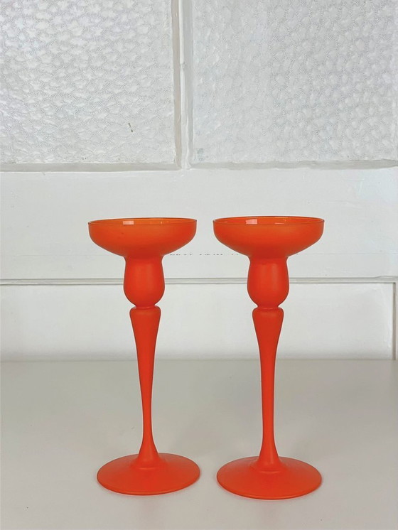 Image 1 of Set di candelieri in vetro arancione di J.G. Durand