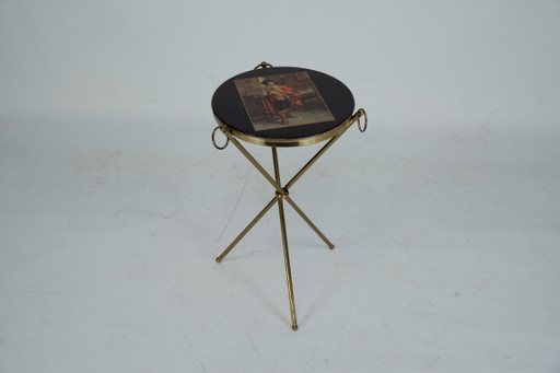 Small Italian brass and wood tripod coffee table from 50s