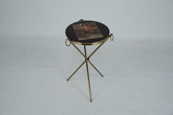 Image 1 of Small Italian brass and wood tripod coffee table from 50s