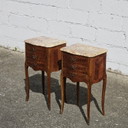 Chateau de Ligny - Pair of 2 French Vintage Marquetry Nightstands-Set of 2 Marble & Wood Bedside Tables-Style Louis XV - 50s