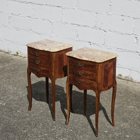 Image 1 of Chateau de Ligny - Pair of 2 French Vintage Marquetry Nightstands-Set of 2 Marble & Wood Bedside Tables-Style Louis XV - 50s