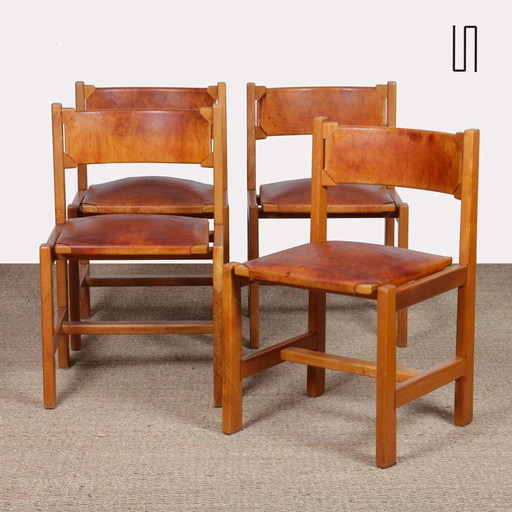 Ensemble de 4 Chaises Maison Regain en Orme et Cuir, 1980