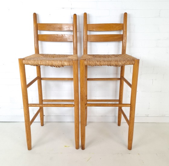 2x Vintage Barstools Minimalist Mid Century Modern 70s – Wicker, Wood (photo 3 of 10)