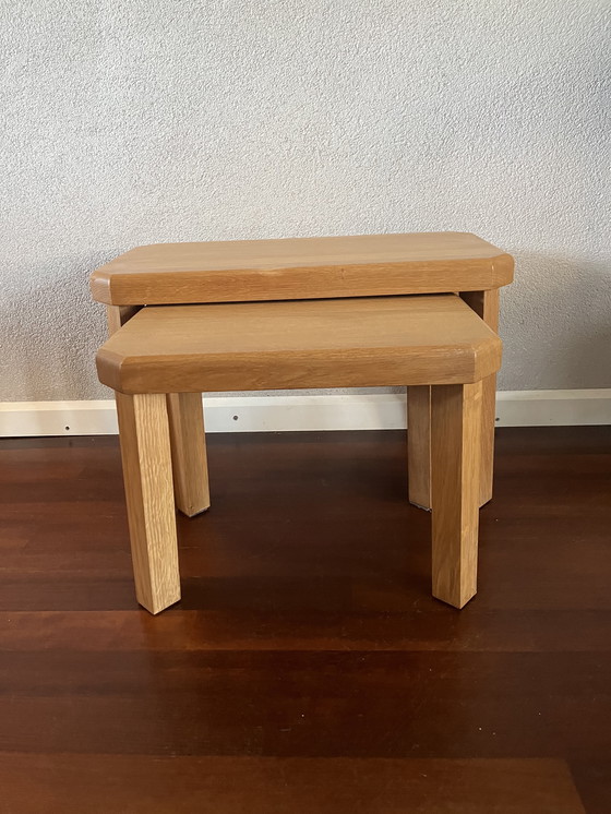 Image 1 of Massief eiken brutalist nesting tafeltjes vintage set 60/70