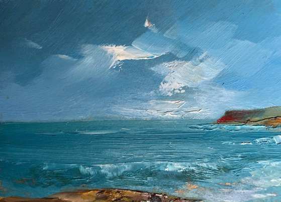 Image 1 of Peinture à l'huile originale représentant un paysage côtier marin à l'horizon.