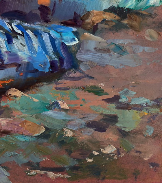 Image 1 of Original Oil Painting Summer Coastal Landscape Fishermen under the light of the sea