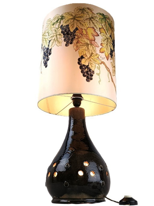 Vintage 70er Keramik Stehlampe mit signiertem Schirm - West Germany Stil, Traubenmuster, Mid-Century Design