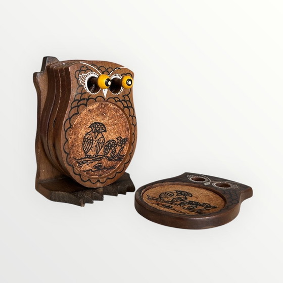 Image 1 of 6x Vintage Jaren 70 Onderzetters Uil - Bohemian Folk Art