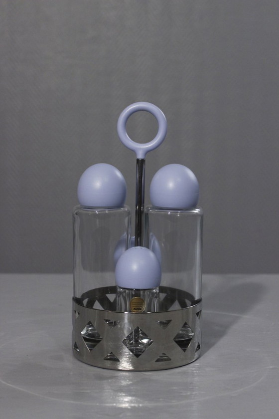 Image 1 of Service à condiments vintage Alessi inox & cristal huilier vinaigrier 1990s