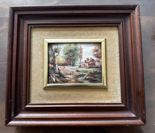 Tableau miniature en émaux sur métal signé Esther 