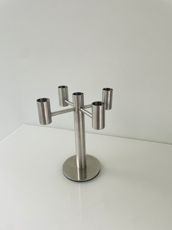 Portacandele a cinque braccia in acciaio inossidabile spazzolato, design moderno, rvs, Argentato (foto 4 di 7)