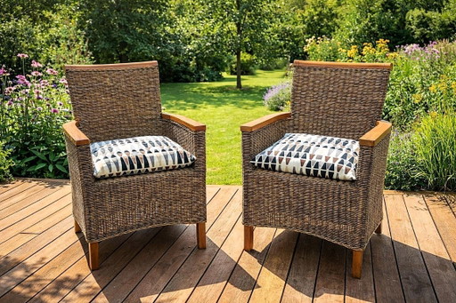 2x jaren '20 handvervaardigde rotan fauteuils
