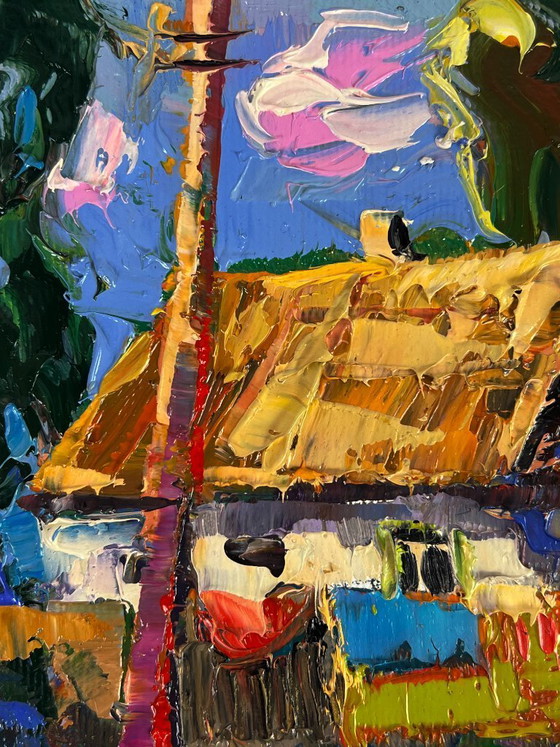 Image 1 of Peinture à l'huile originale représentant un paysage champêtre, une cour de maison et un week-end paisible au village.