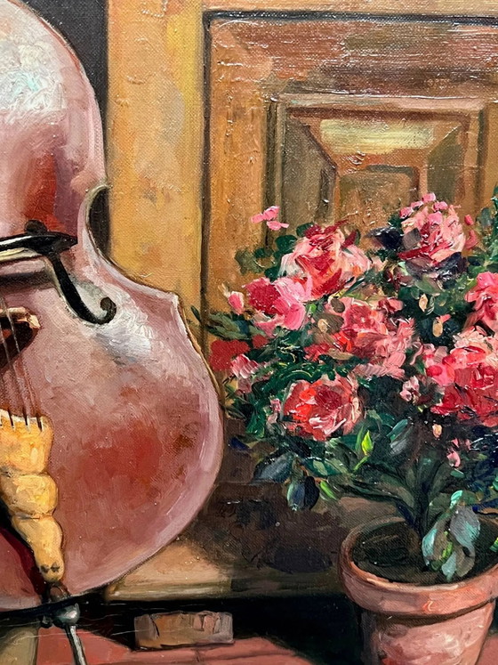 Schilderij gesigneerd met "Monnik die cello speelt". – Schilderijen & Tekeningen, Canvas (photo 6 of 8)