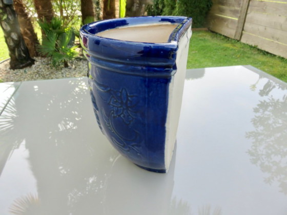 Image 1 of Wall-mounted flower pot with grape motif in glazed blue ceramic, 1970s