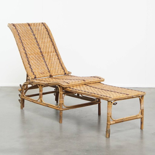 Brocante folding French rattan lounge armchair/ deckchair