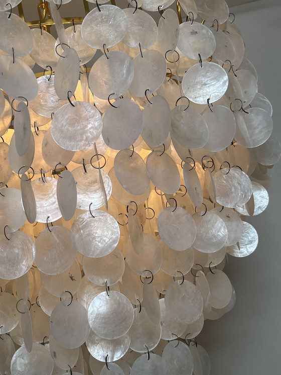 Image 1 of Xl lampe pendante vintage en coquillage capiz chandelier cadre doré