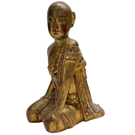 Antique Burmese Monk Statue – Hand-carved Teak Wood with Gold Leaf – 26 cm – Sculpture, Glass (photo 8 of 10)