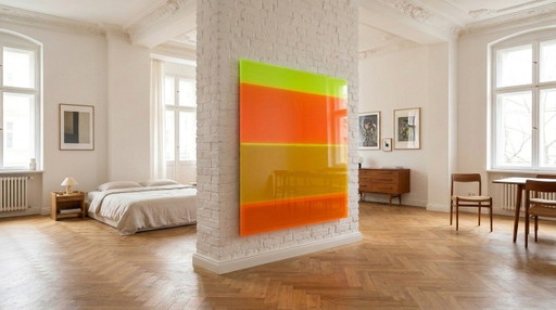 XXL Neon Abstrakt | Orange Gold Gelb | Fluoreszierende Art Farbfeldmalerei | 140 × 140 cm Acrylglas – giclee prints