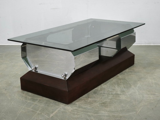 Table basse italienne en chrome, verre fumé et bois, années 70, style Willy Rizzo – Tables basses, Wood (photo 9 of 13)