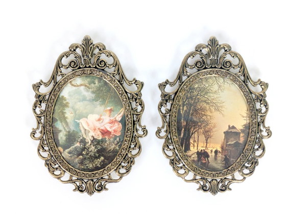 Image 1 of Set di 6 stampe d'arte vittoriane, cornice vintage in metallo dorato, Made in Italy, anni '70