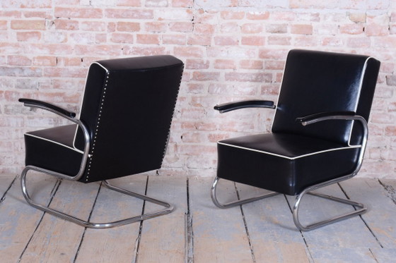 Paire de fauteuils Bauhaus restaurés, Mücke-Melder, cuir, chrome, tchèque, années 1930 – Leather, Metal (photo 5 of 12)