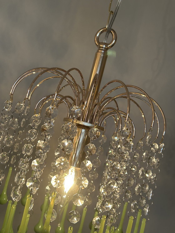 Image 1 of 3 Pieces Vintage Opaline Green Crystal Teardrop Chandeliers